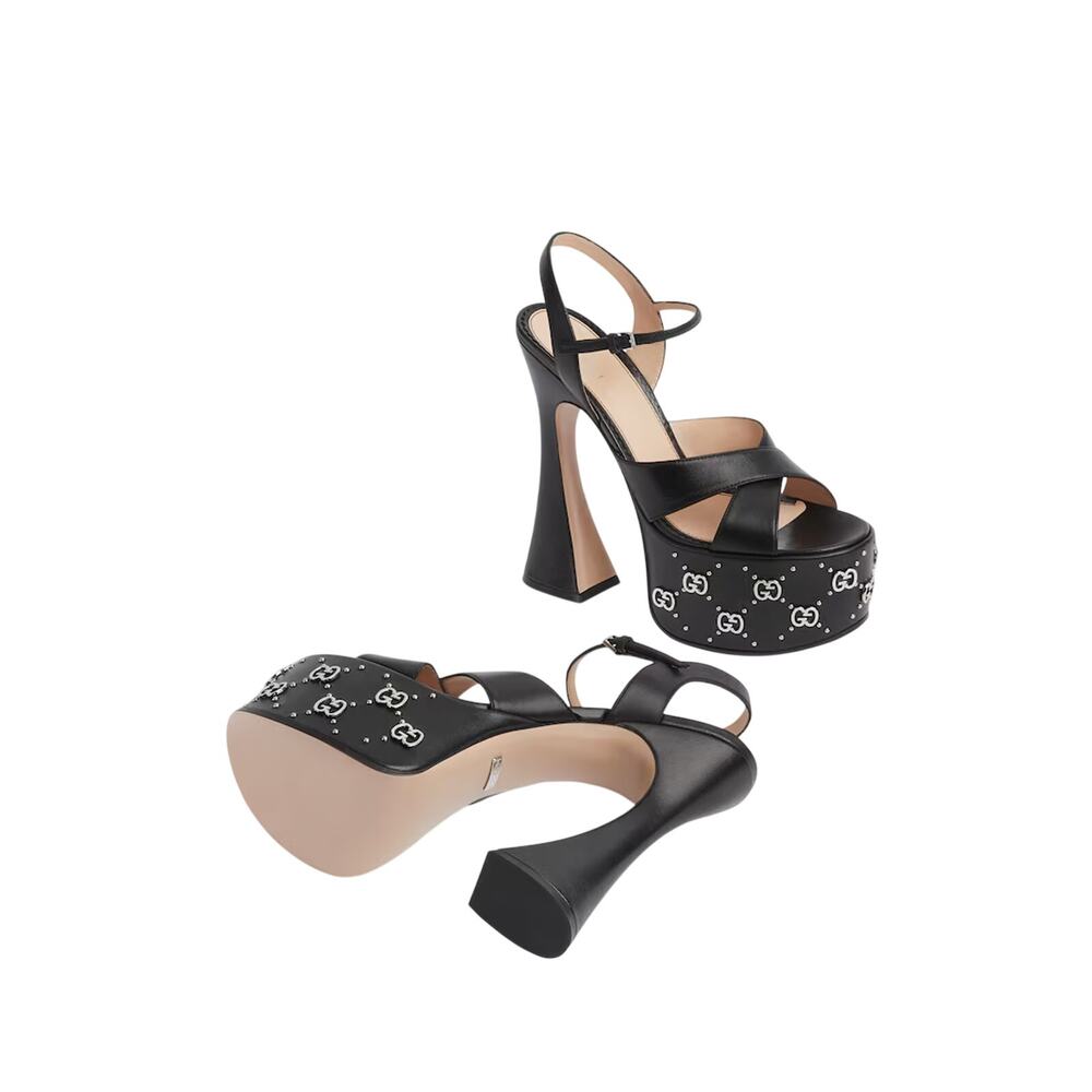 NIB Gucci Janaya Black Platform Slingback Sandals 40.5 US 10.5 GG Studded Heels - Picture 2 of 16